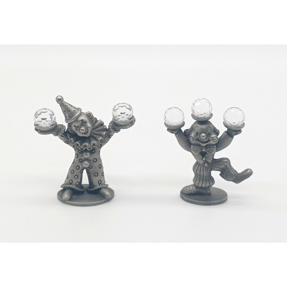 Lot/2 Vintage Spoontiques Pewter Clown Figurines Juggling Swarovski Crystal Ball